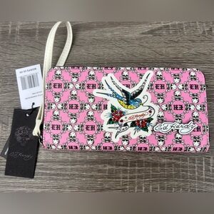Ed Hardy Pink Tattoo-Print Wristlet with Swallow Motif